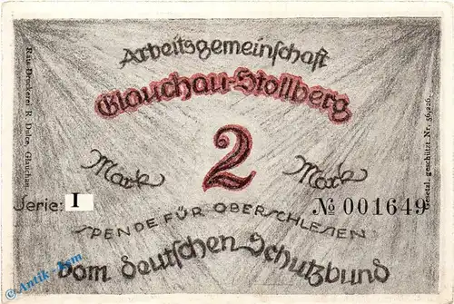 Notgeld Glauchau Stollberg , 2 Mark Schein Nr 1 , Mehl Grabowski 433.1 , Sachsen Seriennotgeld