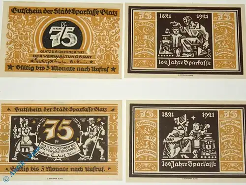 Notgeld Glatz , Volkslieder , Set mit 4 x 75 Pfennig , Mehl Grabowski 432.1 , von 1921 , Schlesien Seriennotgeld
