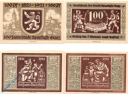 Notgeld Glatz , Volkslieder , Set mit 4 x 100 Pfennig , Mehl Grabowski 432.1 , von 1921 , Schlesien Seriennotgeld