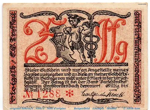 Notgeld Großbreitenbach Tesselt 477.1.b , 25 Pfennig Schein Kn rot in kfr. o.D. Thüringen Seriennotgeld