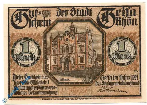 Notgeld Geisa , Röhn , 1 Mark Schein Nr 2 , Mehl Grabowski 413.1 , von 1921 , Thüringen Seriennotgeld