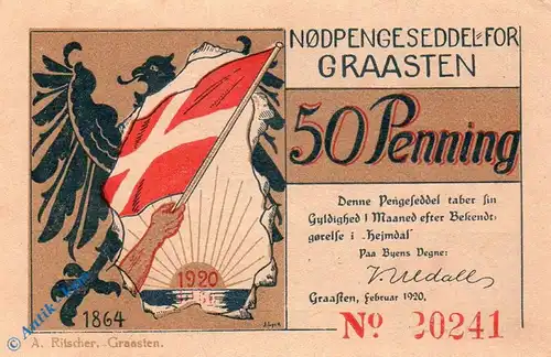 Notgeld Gemeinde Gravenstein 466.1.b , 50 Pfennig Schein in kfr. von 1920 , dänisch Nordschleswig Seriennotgeld