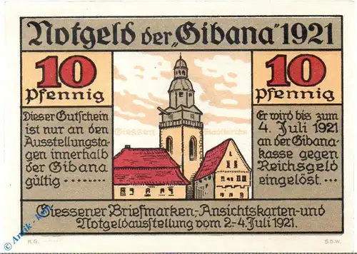 Notgeld Gießen , Gibana , 10 Pfennig Schein , Mehl Grabowski 425.1 , von 1921 , Hessen Seriennotgeld