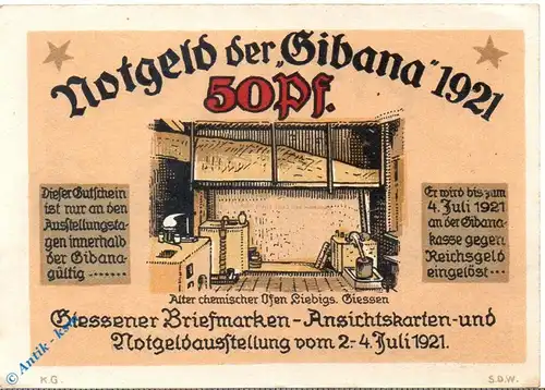 Notgeld Gießen , Gibana , 50 Pfennig Schein , Mehl Grabowski 425.1 , von 1921 , Hessen Seriennotgeld
