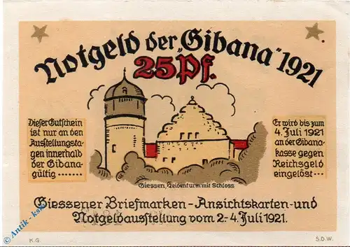 Notgeld Gießen , Gibana , 25 Pfennig Schein , Mehl Grabowski 425.1 , von 1921 , Hessen Seriennotgeld