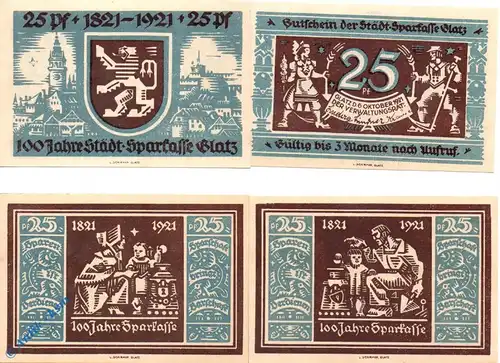 Notgeld Glatz , Volkslieder , Set mit 4 x 25 Pfennig , Mehl Grabowski 432.1 , von 1921 , Schlesien Seriennotgeld