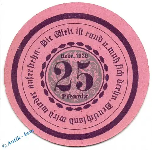 Görlitz , Notgeld 25 Pfennig Schein in kfr. M-G 449.3 , Schlesien 1920 Seriennotgeld