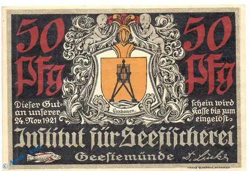 Notgeld Geestemünde , Seefischerei , 50 Pfennig Schein Nr 3 in kfr. Mehl Grabowski 412.1 , Bremen Seriennotgeld