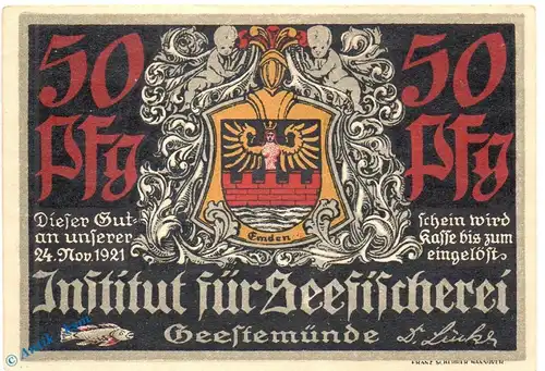 Notgeld Geestemünde , Seefischerei , 50 Pfennig Schein Nr 4 in kfr. Mehl Grabowski 412.1 , Bremen Seriennotgeld