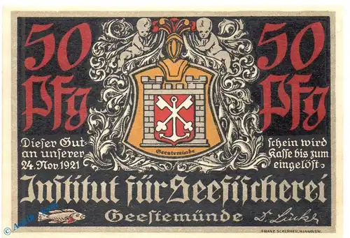 Notgeld Geestemünde , Seefischerei , 50 Pfennig Schein Nr 5 in kfr. Mehl Grabowski 412.1 , Bremen Seriennotgeld