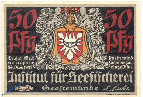 Notgeld Geestemünde , Seefischerei , 50 Pfennig Schein Nr 7 in kfr. Mehl Grabowski 412.1 , Bremen Seriennotgeld