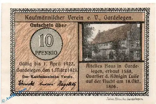 Notgeld Kfm. Verein Gardelegen 407.6.b.1 , 10 Pfennig Schein in kfr. von 1921 , Sachsen Anhalt Seriennotgeld