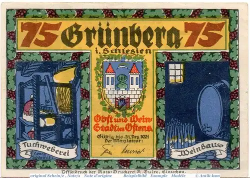 Notgeld Grünberg , 75 Pfennig Schein Nr 1 , dünnes Papier in kfr. Mehl Grabowski 489.2.b , o.D. Schlesien Seriennotgeld