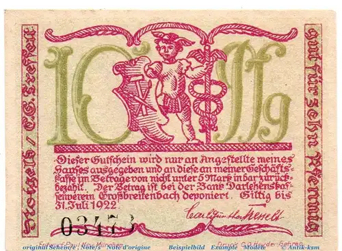 Notgeld Großbreitenbach Tesselt 477.4.a , 10 Pfennig Schein Kn schwarz in kfr. o.D. Thüringen Seriennotgeld