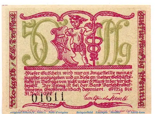 Notgeld Großbreitenbach Tesselt 477.4.a , 50 Pfennig Schein Kn schwarz in kfr. o.D. Thüringen Seriennotgeld