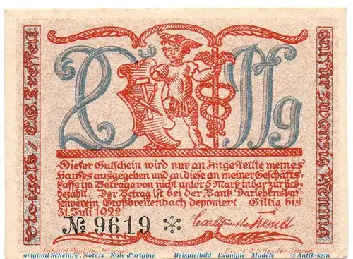 Notgeld Großbreitenbach Tesselt 477.3.a , 20 Pfennig Schein Kn schwarz in kfr. o.D. Thüringen Seriennotgeld