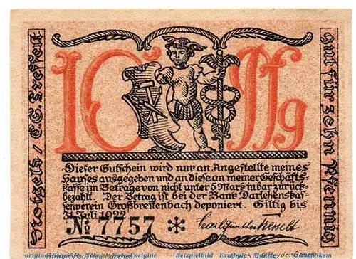 Notgeld Großbreitenbach Tesselt 477.1.a , 10 Pfennig Schein Kn schwarz in kfr. o.D. Thüringen Seriennotgeld