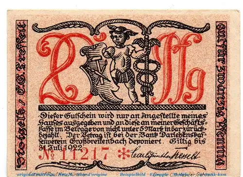 Notgeld Großbreitenbach Tesselt 477.1.b , 20 Pfennig Schein Kn rot in kfr. o.D. Thüringen Seriennotgeld