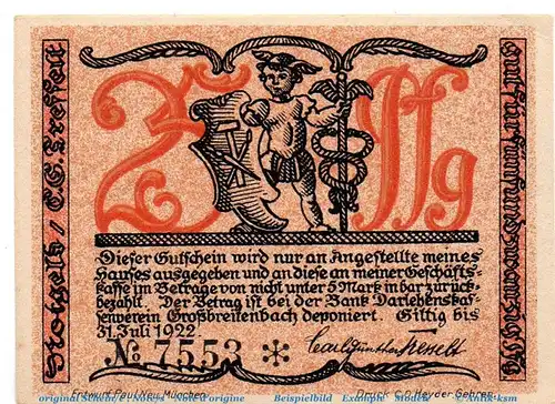 Notgeld Großbreitenbach Tesselt 477.1.a , 25 Pfennig Schein Kn schwarz in kfr. o.D. Thüringen Seriennotgeld