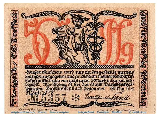 Notgeld Großbreitenbach Tesselt 477.1.a , 50 Pfennig Schein Kn schwarz in kfr. o.D. Thüringen Seriennotgeld