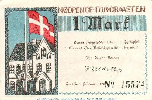 Notgeld Gemeinde Gravenstein 466.3.L , 1 Mark Schein in kfr. von 1920 , dänisch Nordschleswig Seriennotgeld