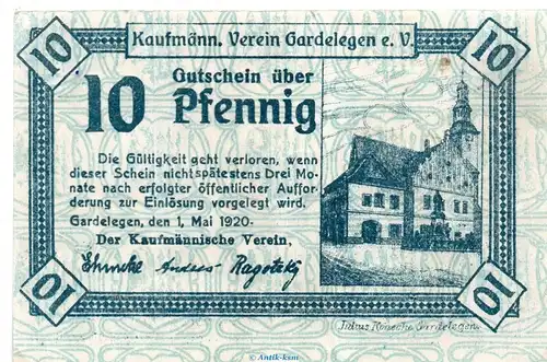 Notgeld Kfm. Verein Gardelegen 407.1.b , 10 Pfennig Schein in gbr. von 1920 Sachsen Anhalt Seriennotgeld