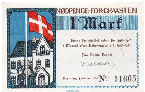 Notgeld Gemeinde Gravenstein 466.3.j , 1 Mark Schein in kfr. von 1920 , dänisch Nordschleswig Seriennotgeld