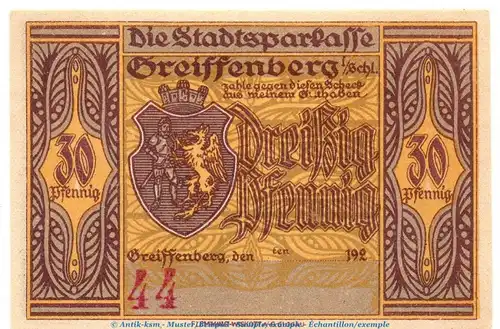 Notgeld Sparkasse Greiffenberg 470.3 , 30 Pfennig --mit Konto-- in kfr. o.D. Schlesien Seriennotgeld