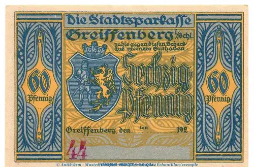 Notgeld Sparkasse Greiffenberg 470.3 , 60 Pfennig --mit Konto-- in kfr. o.D. Schlesien Seriennotgeld
