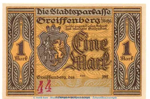Notgeld Sparkasse Greiffenberg 470.3 , 1 Mark --mit Konto-- in kfr. o.D. Schlesien Seriennotgeld