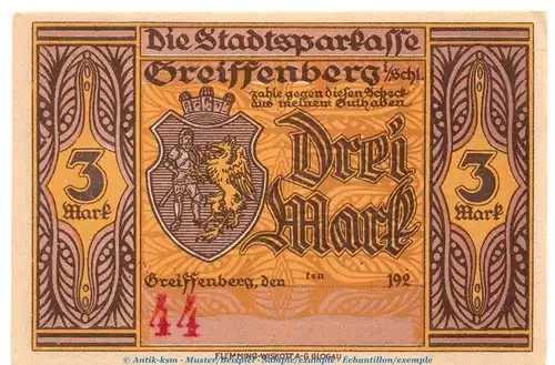 Notgeld Sparkasse Greiffenberg 470.3 , 3 Mark --mit Konto-- in kfr. o.D. Schlesien Seriennotgeld