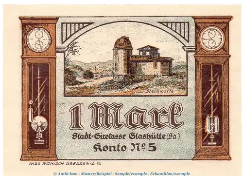 Notgeld Stadt Glashütte 430.1 , 1 Mark Schein Nr.1 in kfr. von 1921 , Sachsen Seriennotgeld