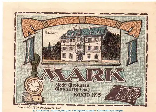 Notgeld Stadt Glashütte 430.1 , 1 Mark Schein Nr.2 in kfr. von 1921 , Sachsen Seriennotgeld