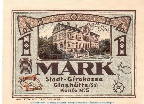 Notgeld Stadt Glashütte 430.1 , 1 Mark Schein Nr.3 in kfr. von 1921 , Sachsen Seriennotgeld