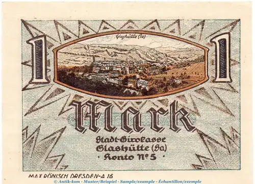 Notgeld Stadt Glashütte 430.1 , 1 Mark Schein Nr.4 in kfr. von 1921 , Sachsen Seriennotgeld