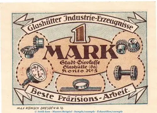 Notgeld Stadt Glashütte 430.1 , 1 Mark Schein Nr.5 in kfr. von 1921 , Sachsen Seriennotgeld