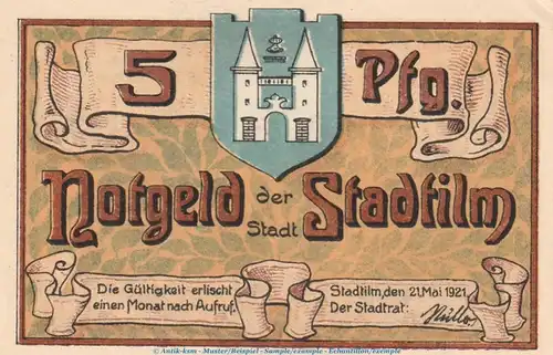 Notgeld Stadt Stadtilm 1250.1 , 5 Pfennig Schein in kfr. von 1921 , Thüringen Seriennotgeld