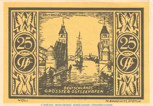 Notgeld Stadt Stettin 1270.1 , 25 Pfennig Schein in kfr. von 1921 , Pommern Seriennotgeld