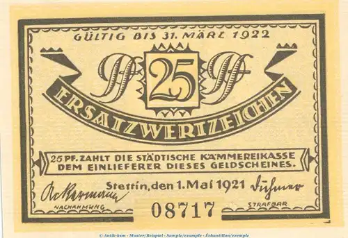 Notgeld Stadt Stettin 1270.1 , 25 Pfennig Schein in kfr. von 1921 , Pommern Seriennotgeld
