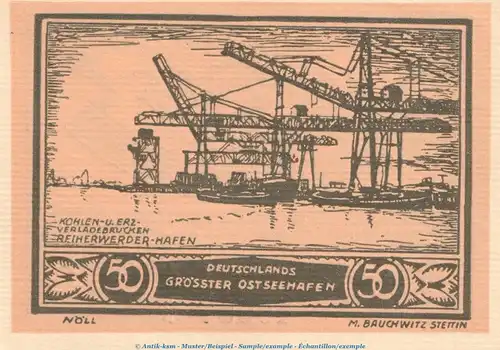 Notgeld Stadt Stettin 1270.1 , 50 Pfennig Schein Nr.2 in kfr. von 1921 , Pommern Seriennotgeld