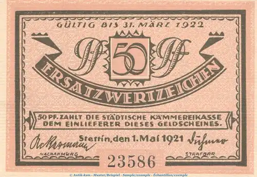 Notgeld Stadt Stettin 1270.1 , 50 Pfennig Schein Nr.2 in kfr. von 1921 , Pommern Seriennotgeld