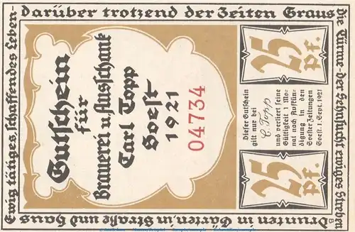 Notgeld Brauerei Carl Topp 820.1.a , 25 Pfennig Schein in kfr. von 1920 , Westfalen Seriennotgeld