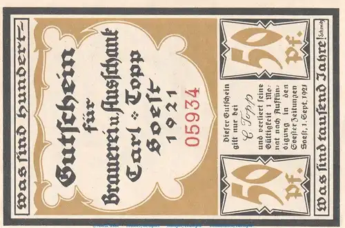 Notgeld Brauerei Carl Topp 820.1.b , 50 Pfennig Schein in kfr. von 1920 , Westfalen Seriennotgeld