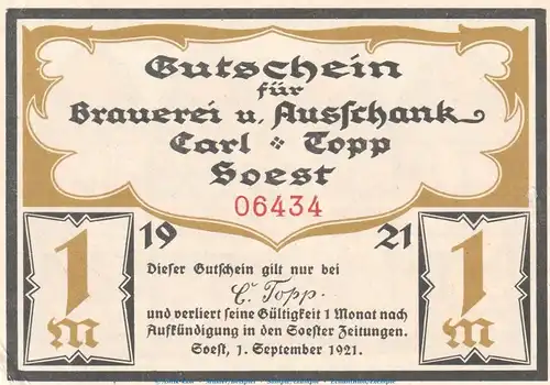 Notgeld Brauerei Carl Topp 820.1.d , 1 Mark Schein in kfr. von 1920 , Westfalen Seriennotgeld