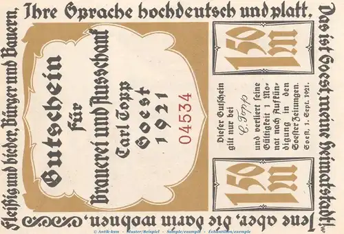 Notgeld Brauerei Carl Topp 820.1.e , 1,50 Mark Schein in kfr. von 1920 , Westfalen Seriennotgeld