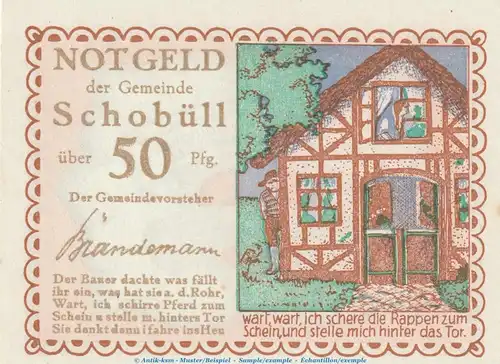 Notgeld Gemeinde Schobüll 1194.5 , 50 Pfennig Schein Nr.2 in kfr. o.D. Schleswig Holstein Seriennotgeld