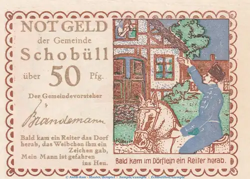 Notgeld Gemeinde Schobüll 1194.5 , 50 Pfennig Schein Nr.3 in kfr. o.D. Schleswig Holstein Seriennotgeld