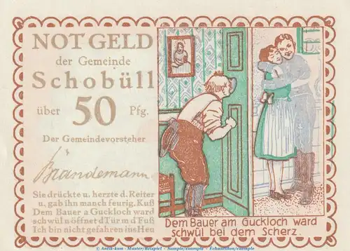 Notgeld Gemeinde Schobüll 1194.5 , 50 Pfennig Schein Nr.4 in kfr. o.D. Schleswig Holstein Seriennotgeld