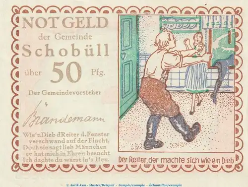 Notgeld Gemeinde Schobüll 1194.5 , 50 Pfennig Schein Nr.5 in kfr. o.D. Schleswig Holstein Seriennotgeld