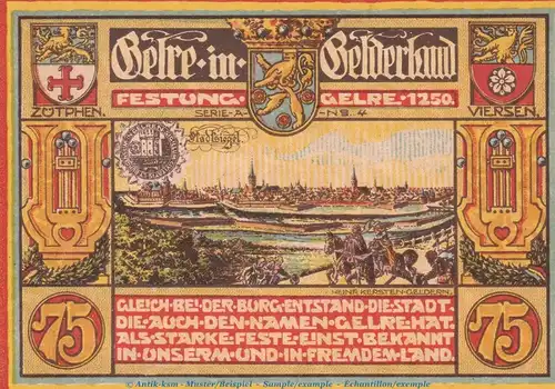 Notgeld Männergesangsverein Geldern 415.1.1 , 75 Pfennig Schein Nr.4 in kfr. von 1921 , Westfalen Seriennotgeld